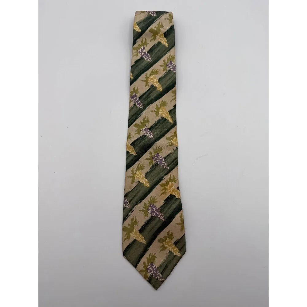 Vintage Yves Saint Laurent Necktie 100% Silk Tie Green Beige Floral Abstract Tie